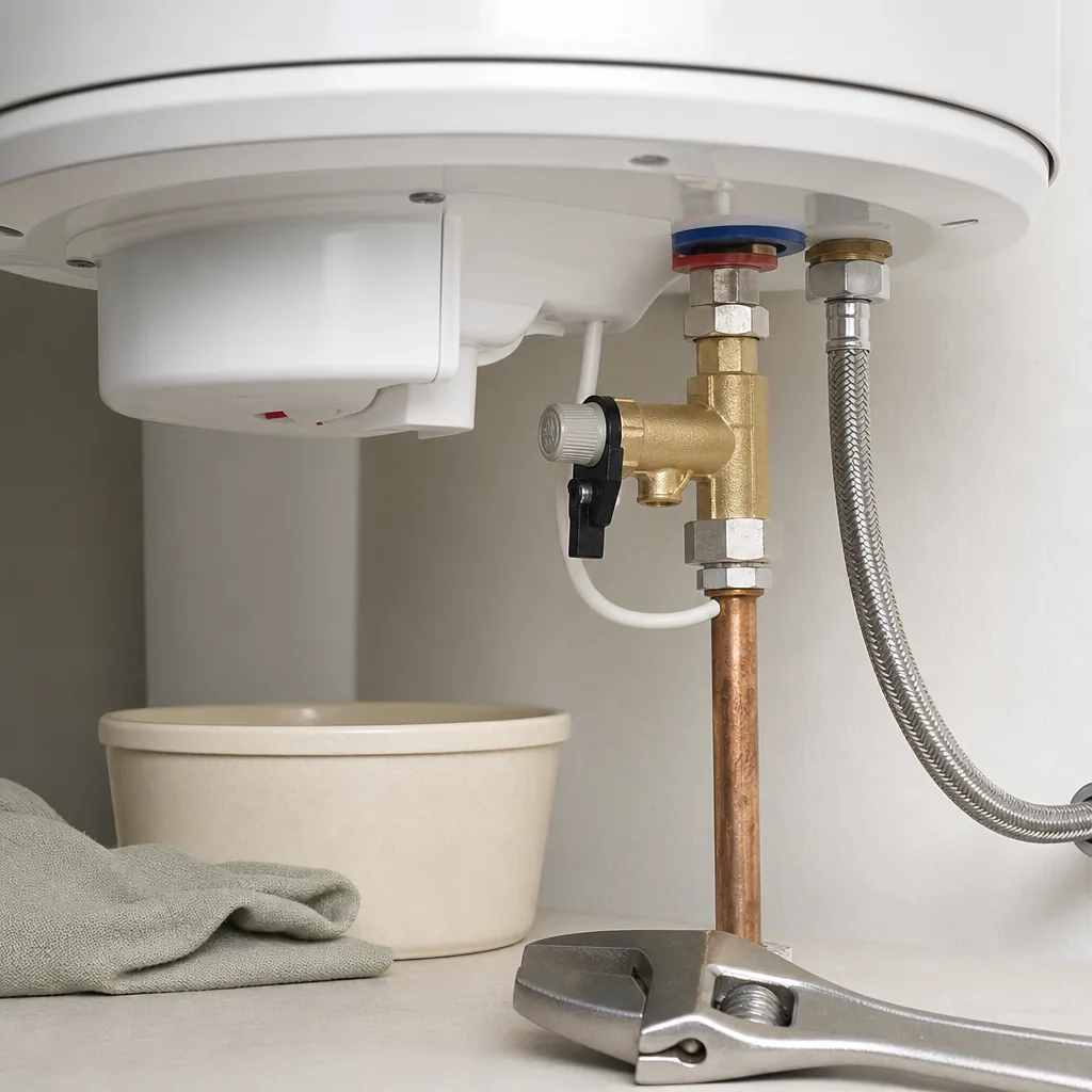 Groupe de sécurité et raccords contrôlés sous un chauffe-eau électrique.