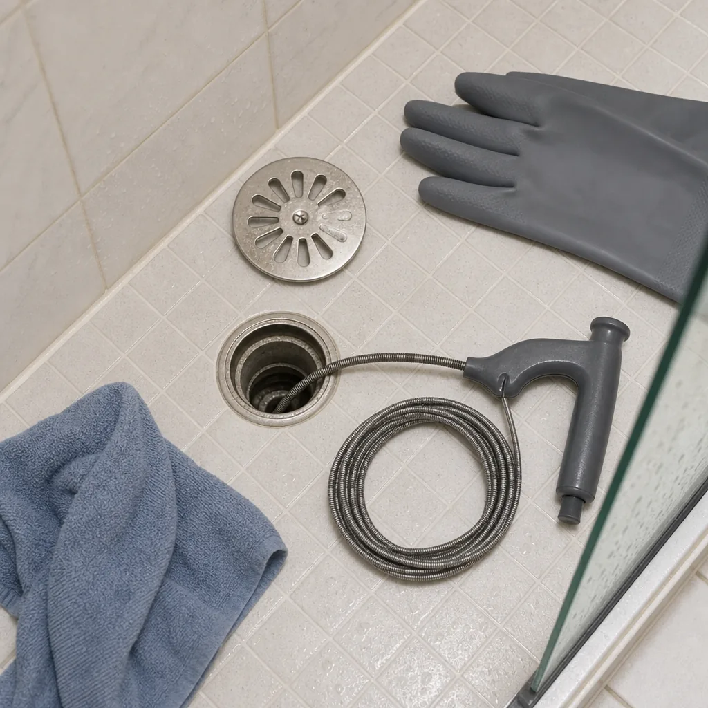 Bonde de douche et furet manuel préparés pour un débouchage de canalisation à Paris.