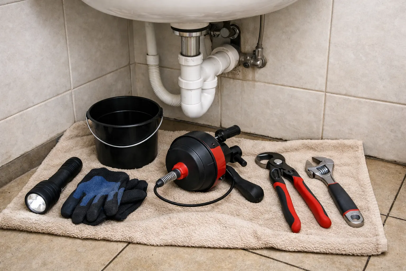 Siphon sous évier protégé avec furet manuel, seau, lampe et gants avant un débouchage à Saint-Denis.