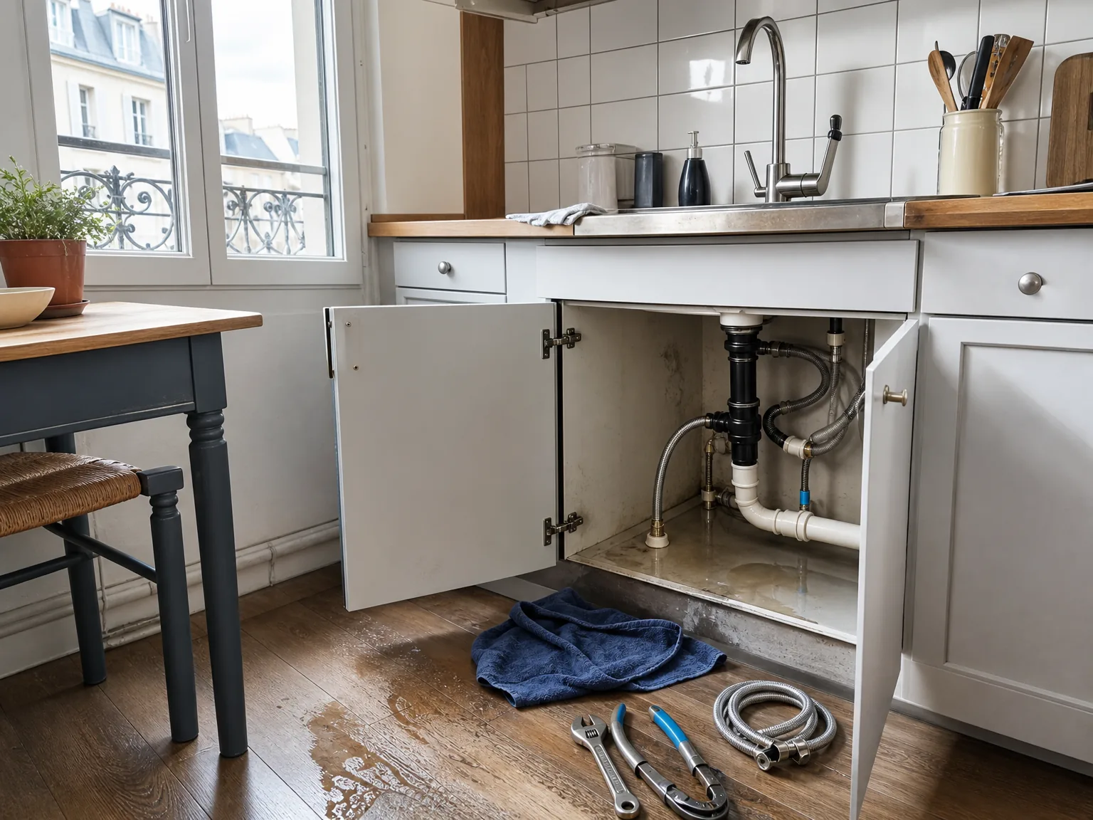 Évier ouvert avec plomberie accessible et outils préparés pour une fuite d'eau à Paris.