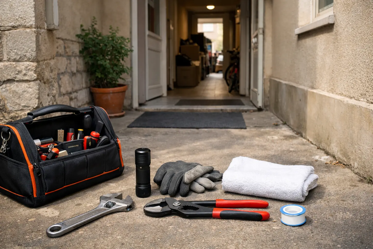 Sac d'outils, gants et serviette près d'un accès de cour avant une intervention de plomberie à Montreuil.