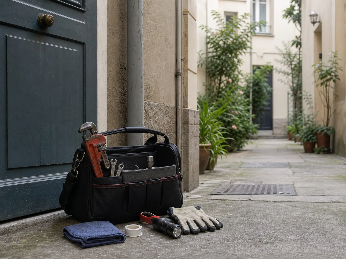 Sac d'outils de plomberie posé dans une cour d'immeuble avant une intervention à Montreuil.