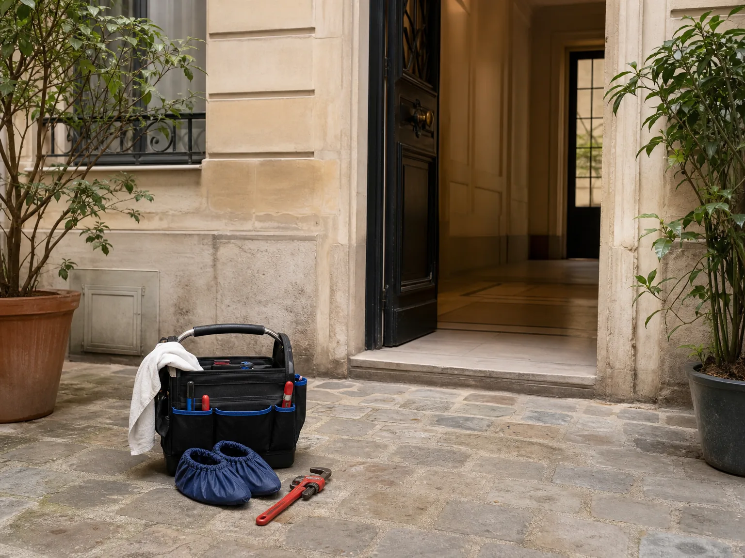 Sac d'outils de plomberie préparé dans une cour d'immeuble parisien avant une intervention à Paris 11.