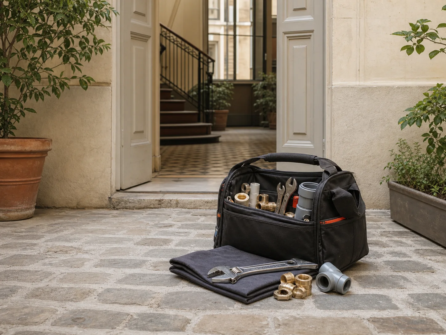 Sac d'outils de plomberie préparé à l'entrée d'un immeuble parisien avant une intervention à Paris 12.