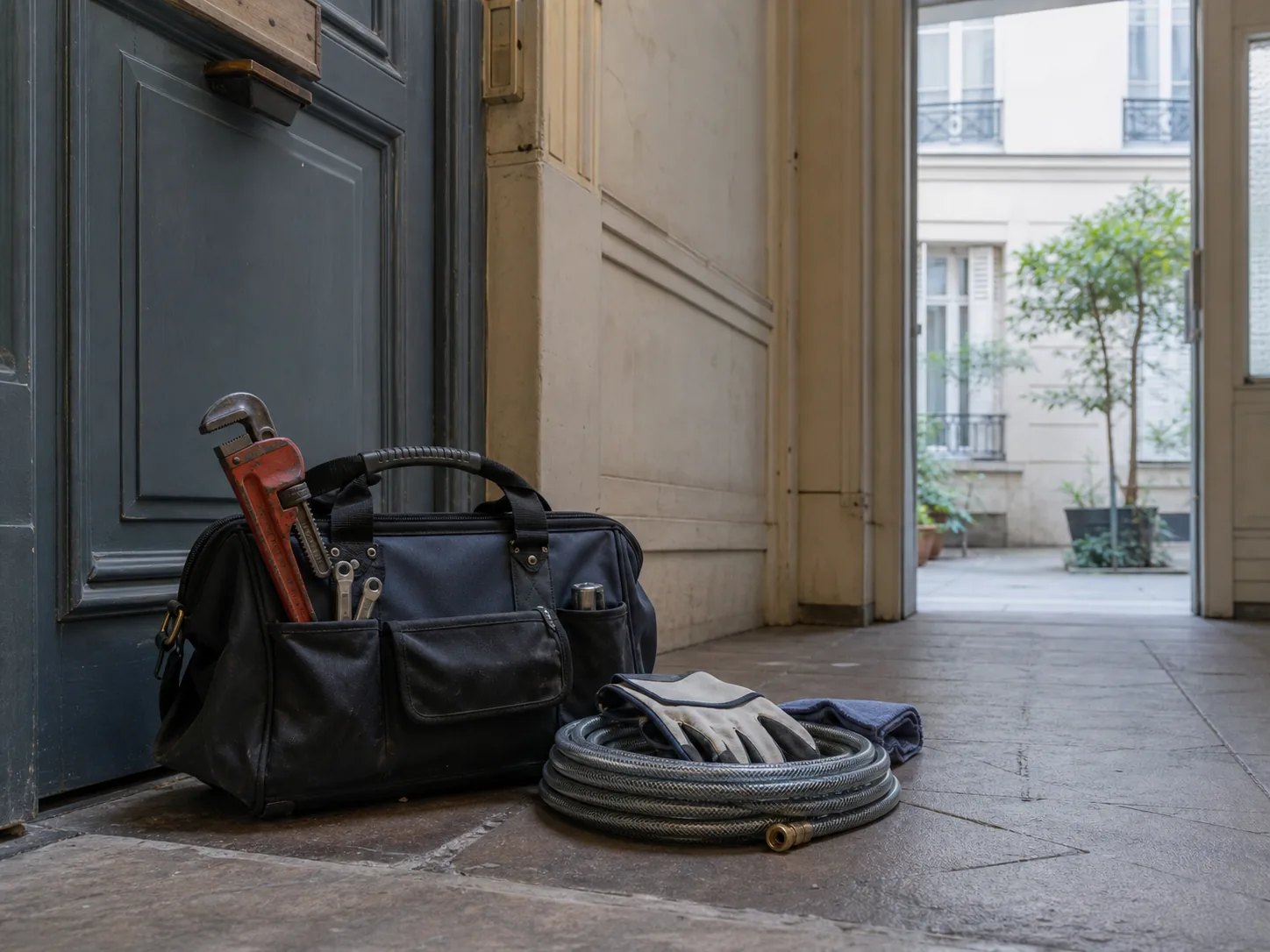 Sac d'outils de plomberie posé sur le palier d'un immeuble parisien avant une intervention à Paris 18.