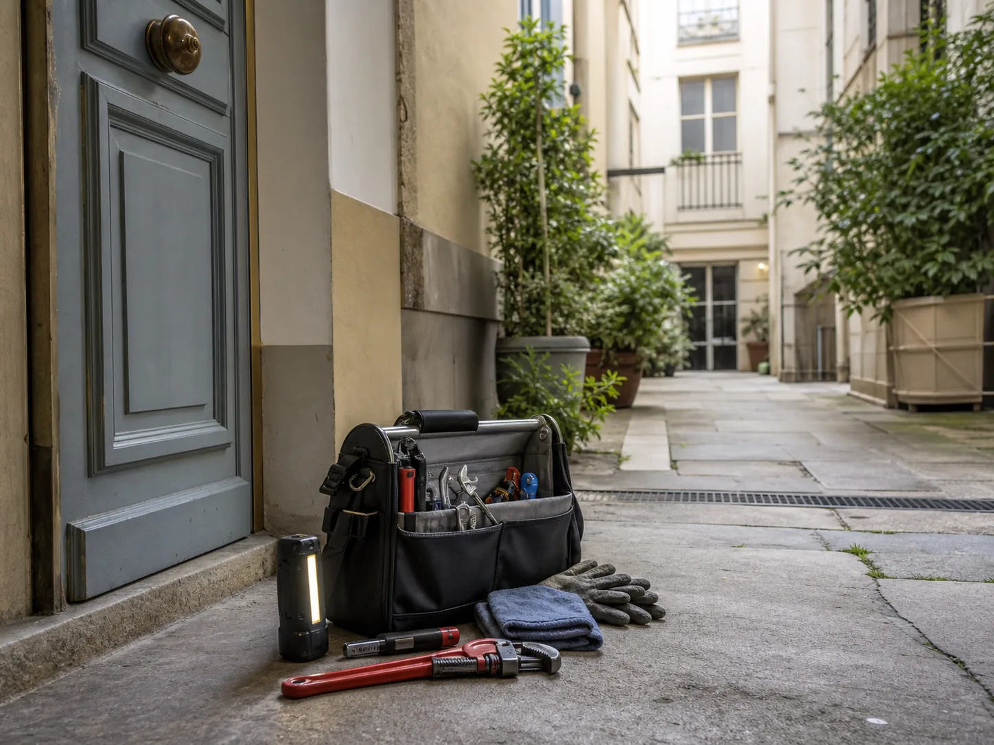 Sac d'outils de plomberie posé dans une cour d'immeuble parisien avant une intervention à Paris 19.