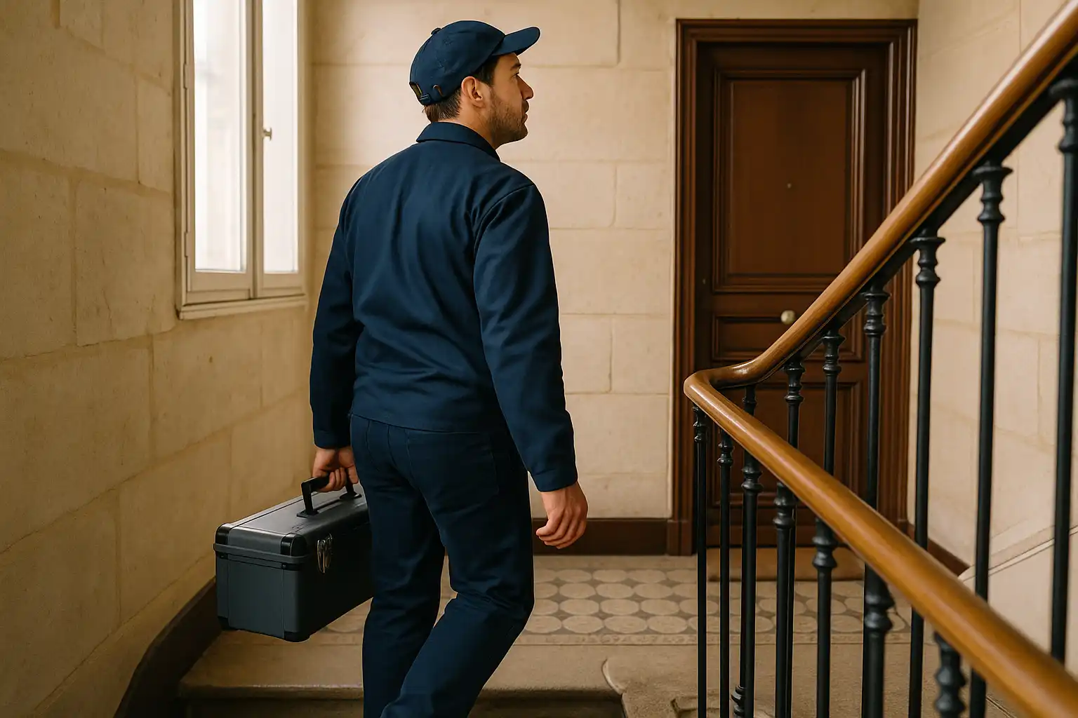 Plombier de l'association intervenant dans un immeuble haussmannien à Paris.