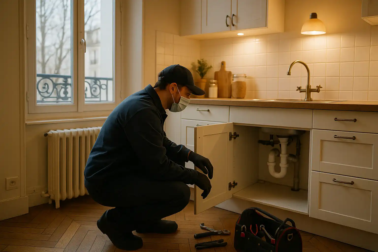Plombier intervenant dans un logement très encombré pour réparer une fuite d'eau.