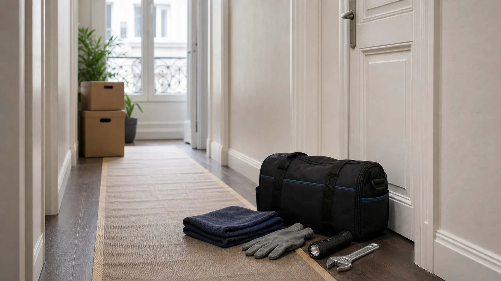 Accès protégé et zone de plomberie préparée dans un logement parisien avant une intervention respectueuse.