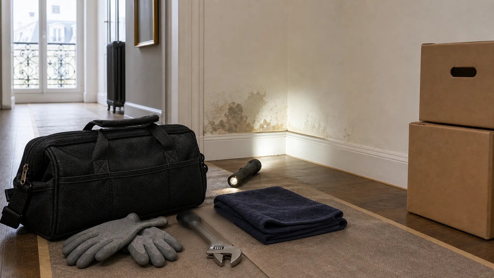 Lampe orientée vers une trace d'humidité dans un logement parisien avec sac d'outils et accès protégé.