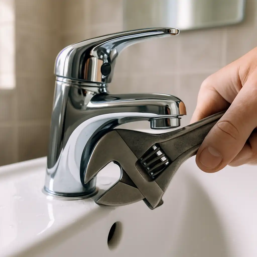 Clé à molette posée sur un robinet de salle de bain.