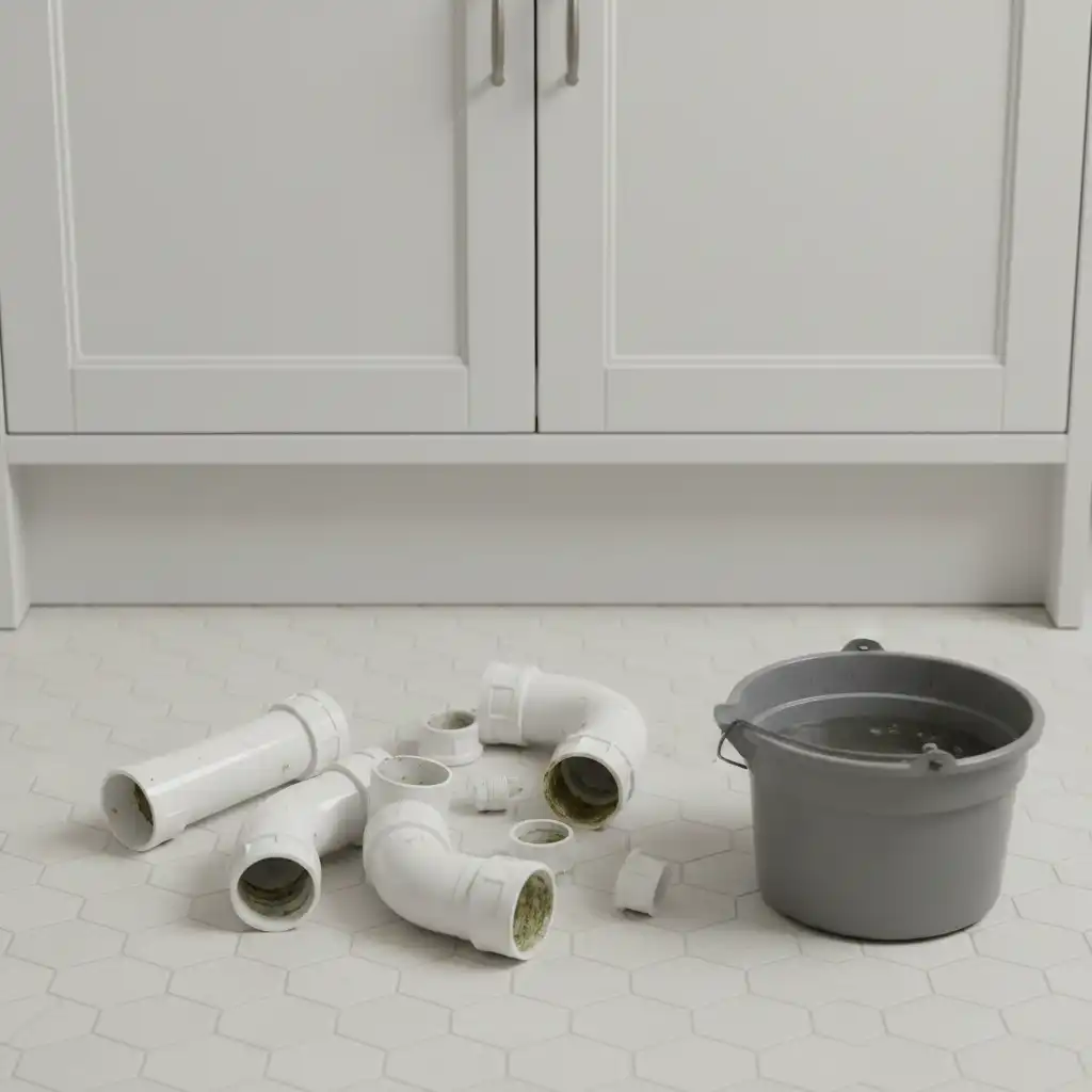 Siphon d'évier démonté avec des outils de plomberie.