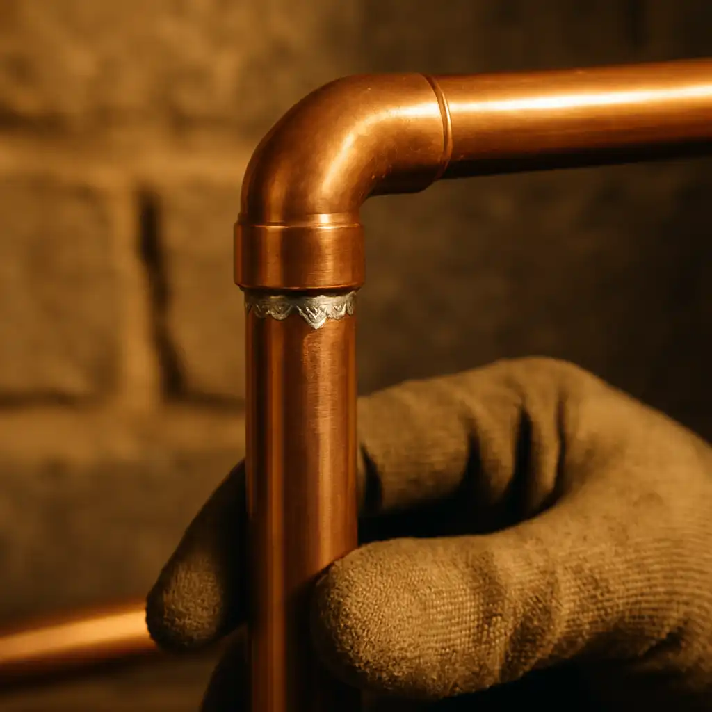 Raccordement de tuyaux de cuivre en plomberie.