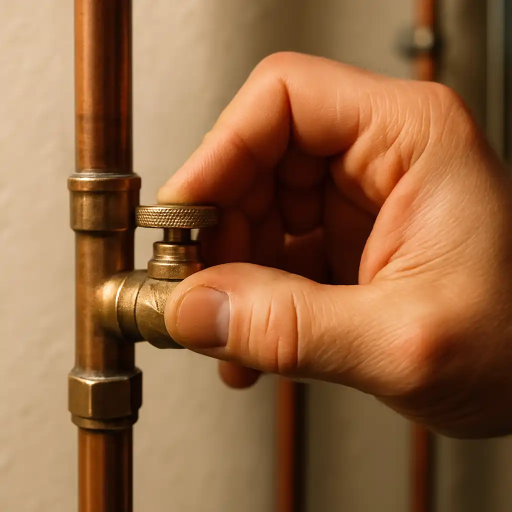 Main d'un plombier fermant une vanne d'arrêt d'eau.