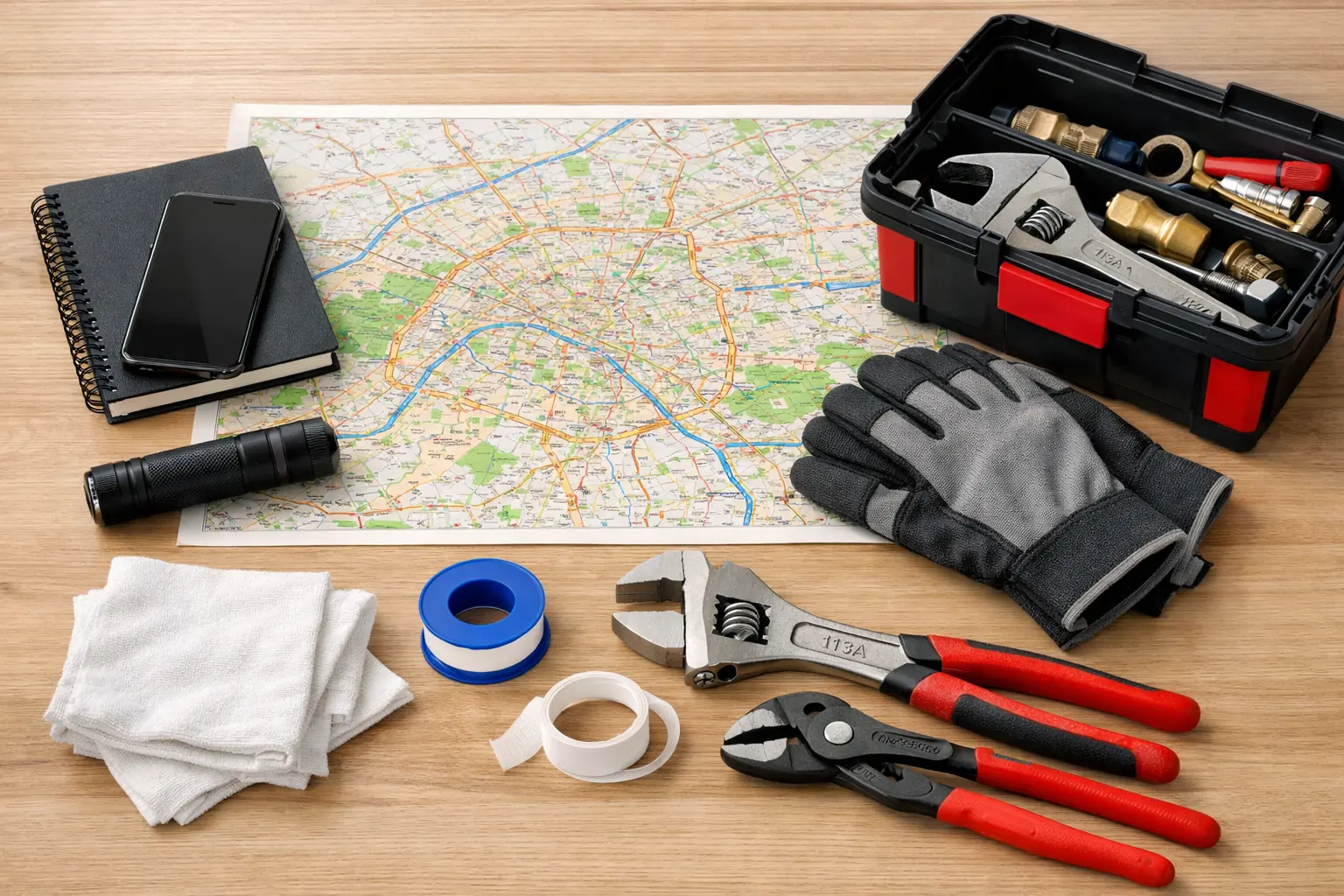 Carte de Paris et de la petite couronne avec outils de plomberie, gants et carnet de préparation.